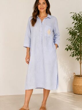 Soft Surroundings Light Blue Linen Maxi Tunic/Shirt Dress, Sz M Boho Minimalist